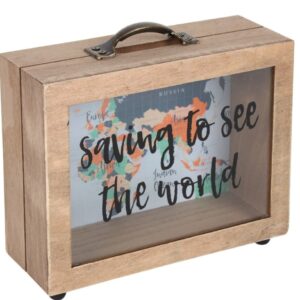 Saving to see the world money box brown wood