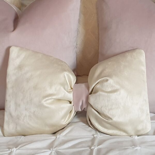 Shadow Cream Bow cushion with Pink Ribbon