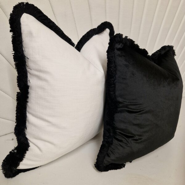 London Black cushion with Black Cotton Fringe and Stay Snow with Black Cotton Fringe