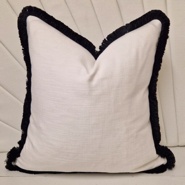 Stay Snow cushion with Black cotton fringe