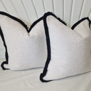 Boucle Snow Cushion with black fringe