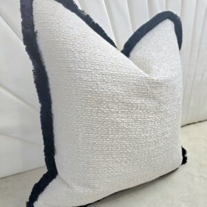 Boucle Snow Cushion with black fringe