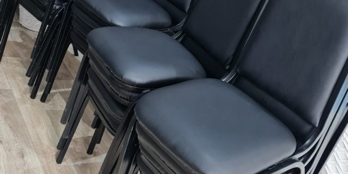 Black leather reupholstered School chairs